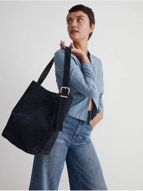 Madewell Classic Blue Suede Shoulder Tote - Bucket Bag, NWT